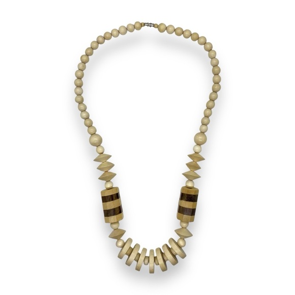 Vintage Chunky Wood Bead Necklace Cool Tones Natural Statement Piece - Picture 3 of 7